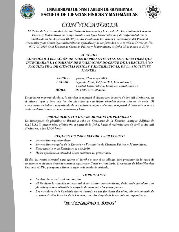 CONVOCATORIA A ELECCIÓN DE REPRESENTANTE ESTUDIANTIL QUE INTEGRARÁN LA COMISIÓN DE EVALUACIÓN DOCENTE DE LA ECFM