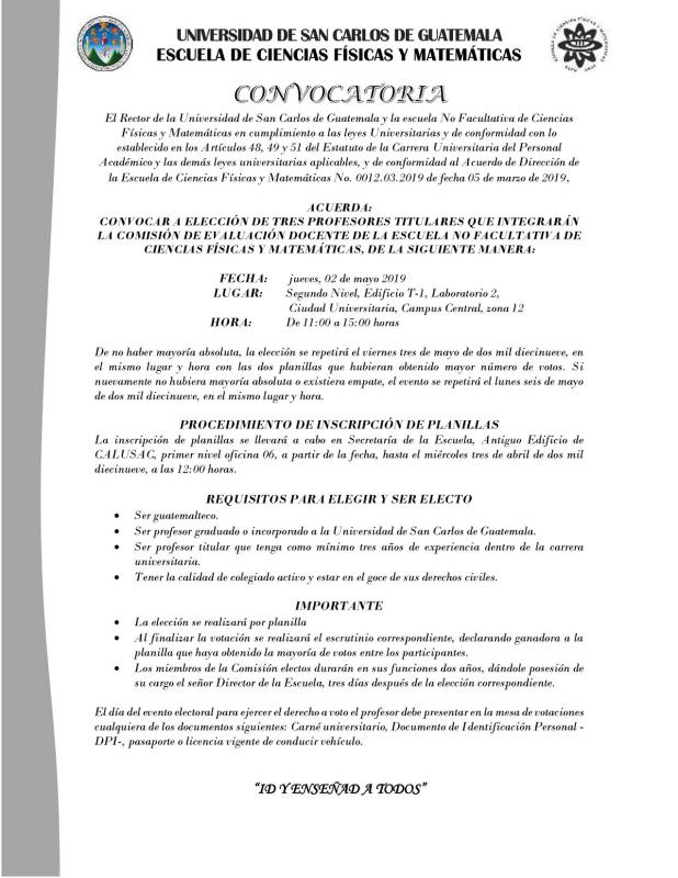 CONVOCATORIA ELECCIÓN PROFESORES QUE INTEGRARÁN LA COMISIÓN DE EVALUACIÓN DOCENTE DE LA ECFM